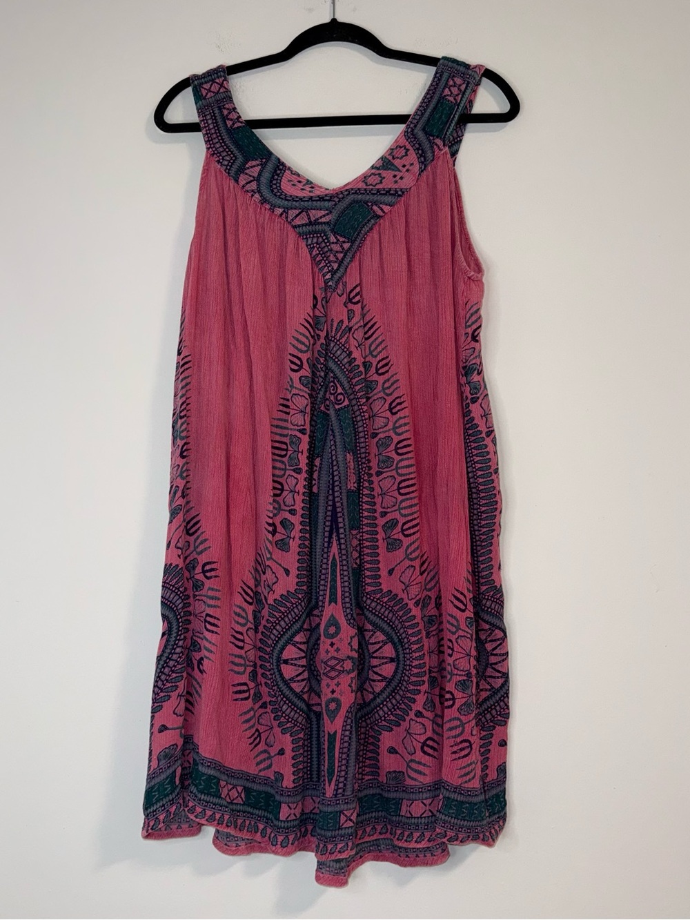 Sol Boho Geometric Print Tunic Dress / Coverup Raspberry Pink, Teal, Navy Rayon